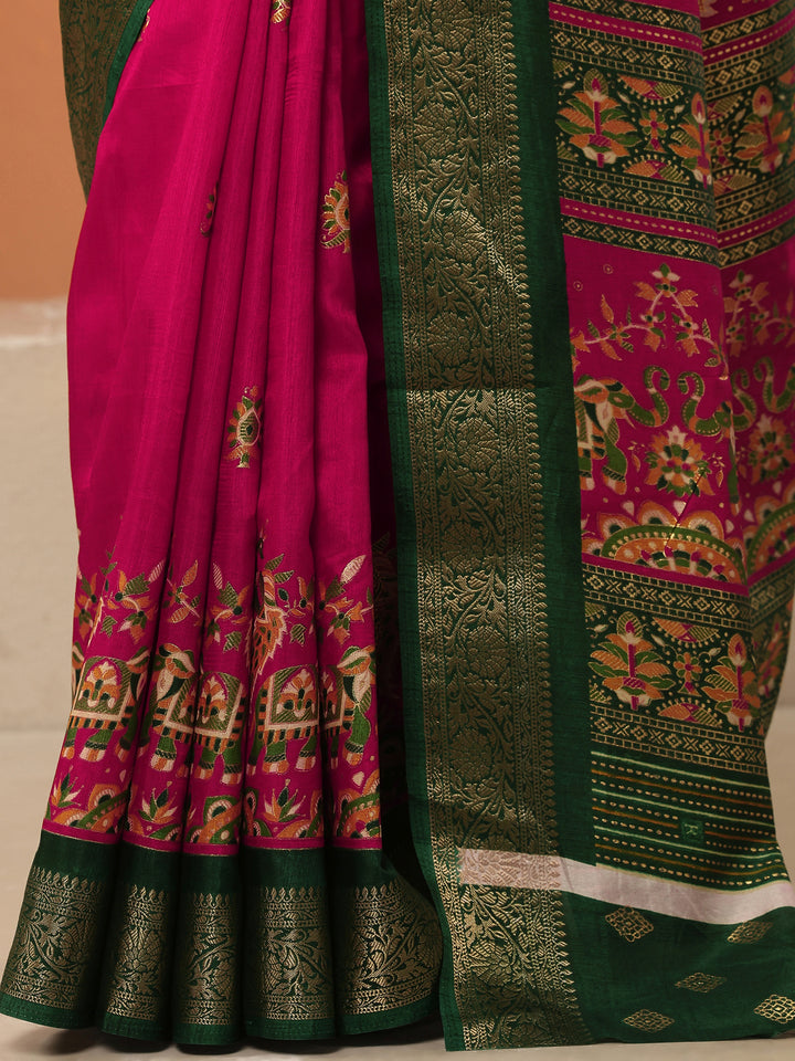 Pink Printed Silk Blend Saree With Unstitched Blouse Piece