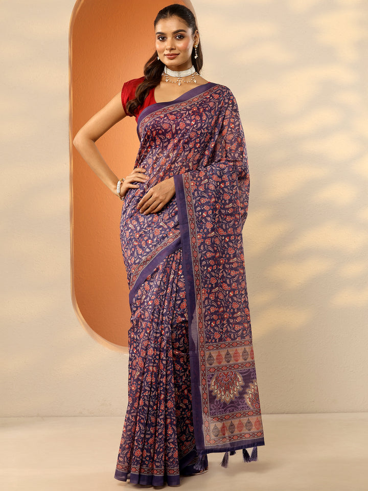 Mauve Printed Silk Blend Saree With Unstitched Blouse Piece