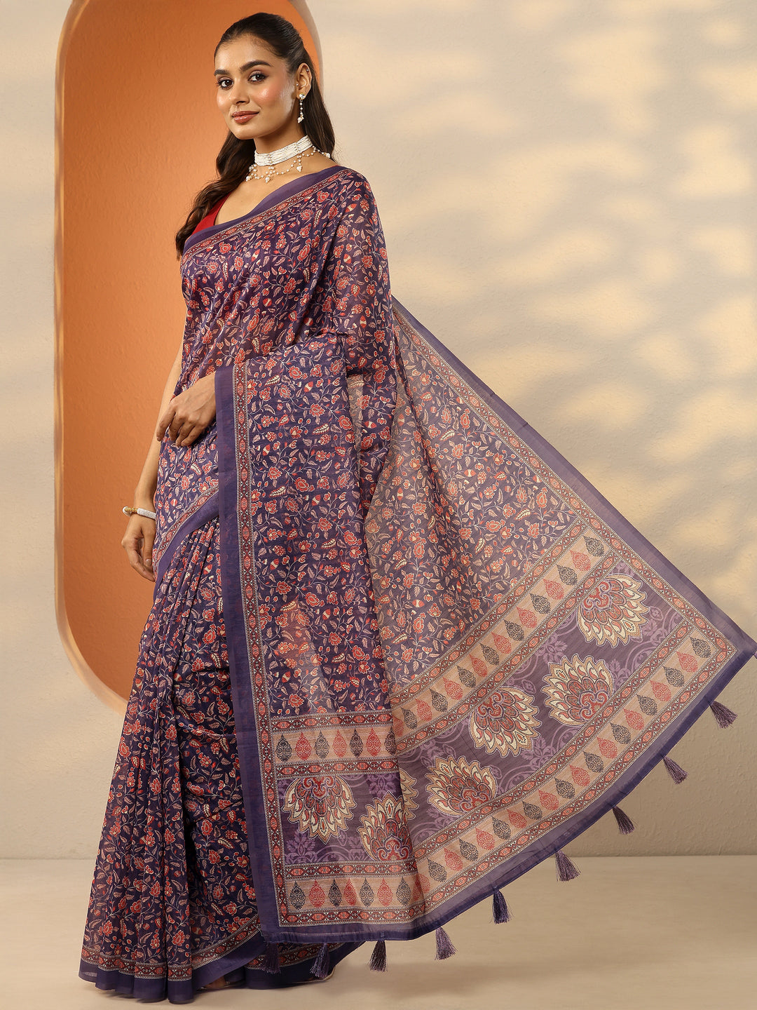 Mauve Printed Silk Blend Saree With Unstitched Blouse Piece