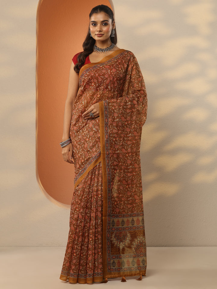 Brown Printed Silk Blend Saree With Unstitched Blouse Piece