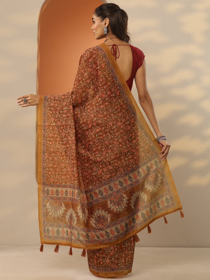 Brown Printed Silk Blend Saree With Unstitched Blouse Piece