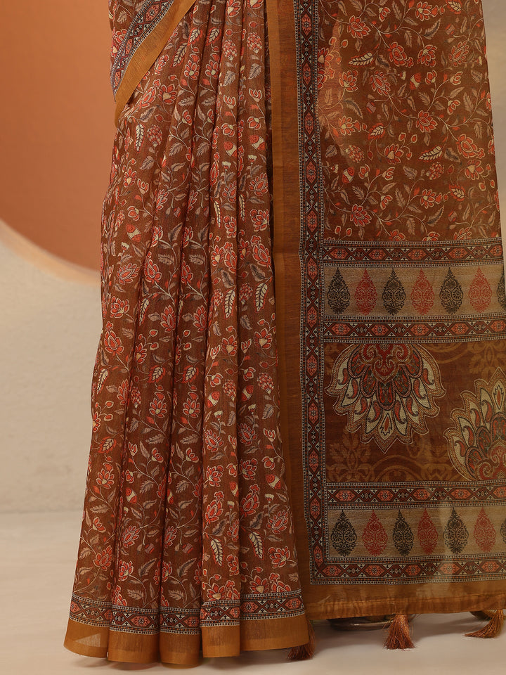 Brown Printed Silk Blend Saree With Unstitched Blouse Piece