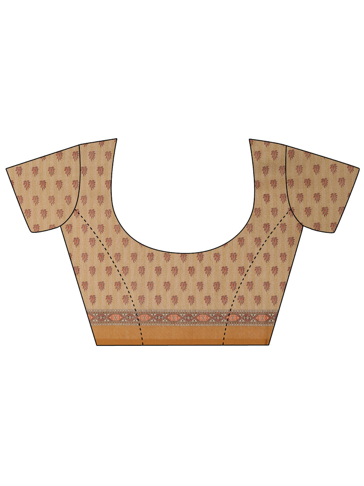 Brown Printed Silk Blend Saree With Unstitched Blouse Piece