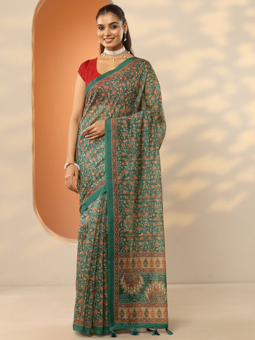 Green Printed Silk Blend Saree With Unstitched Blouse Piece