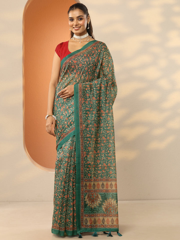 Green Printed Silk Blend Saree With Unstitched Blouse Piece