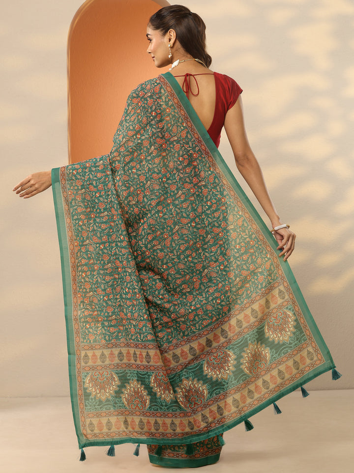 Green Printed Silk Blend Saree With Unstitched Blouse Piece