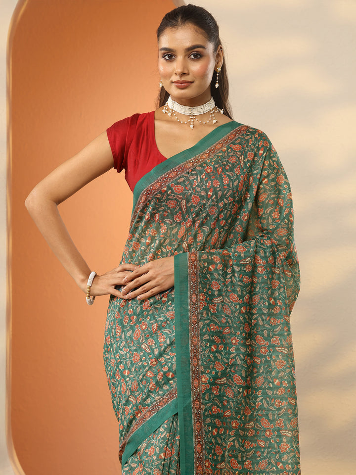 Green Printed Silk Blend Saree With Unstitched Blouse Piece