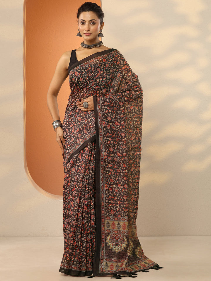 Brown Printed Silk Blend Saree With Unstitched Blouse Piece
