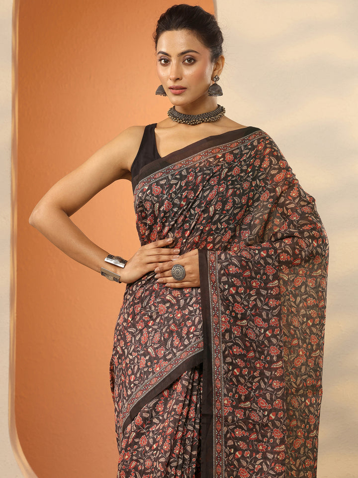 Brown Printed Silk Blend Saree With Unstitched Blouse Piece