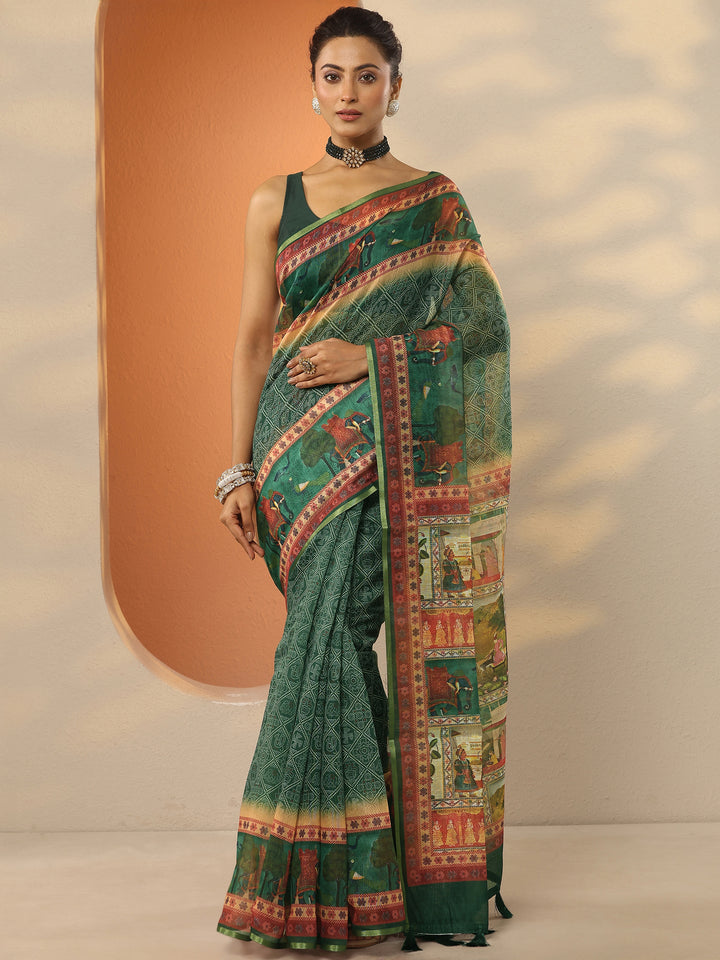 Green Bandhani Printed Silk Blend Saree With Unstitched Blouse Piece