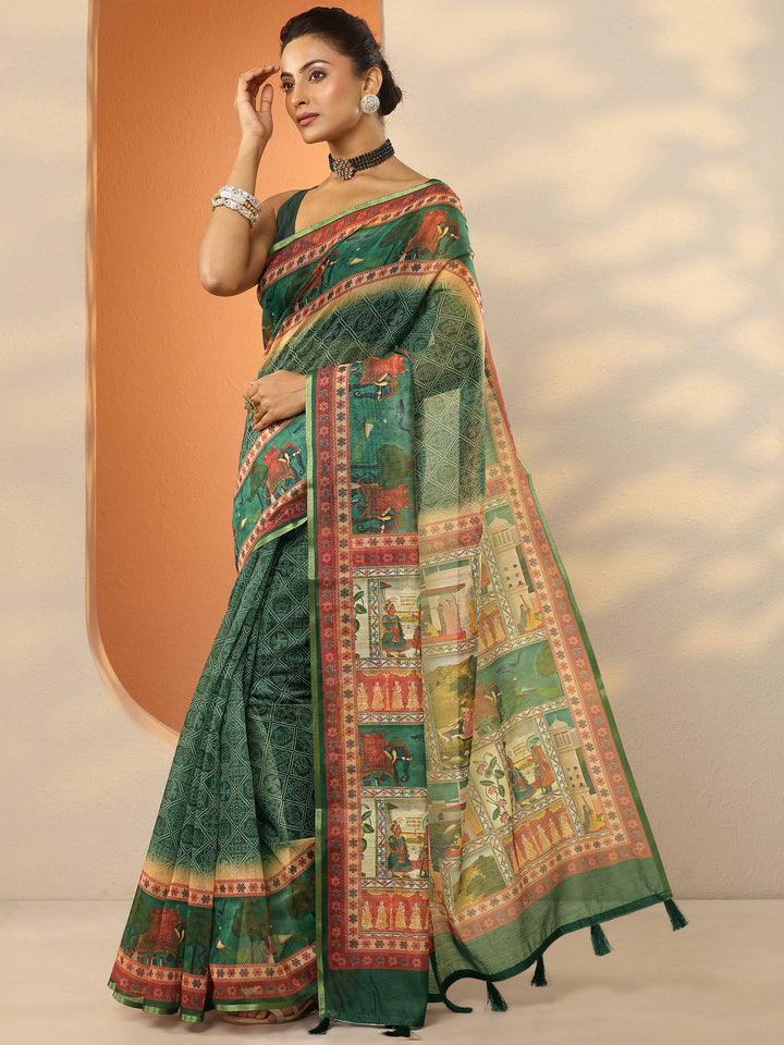 Green Bandhani Printed Silk Blend Saree With Unstitched Blouse Piece