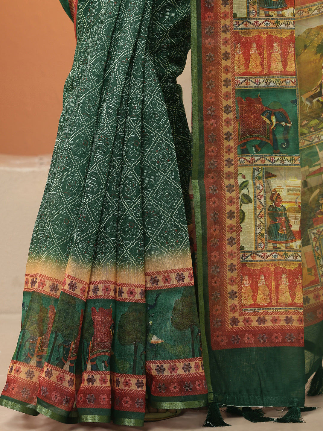 Green Bandhani Printed Silk Blend Saree With Unstitched Blouse Piece
