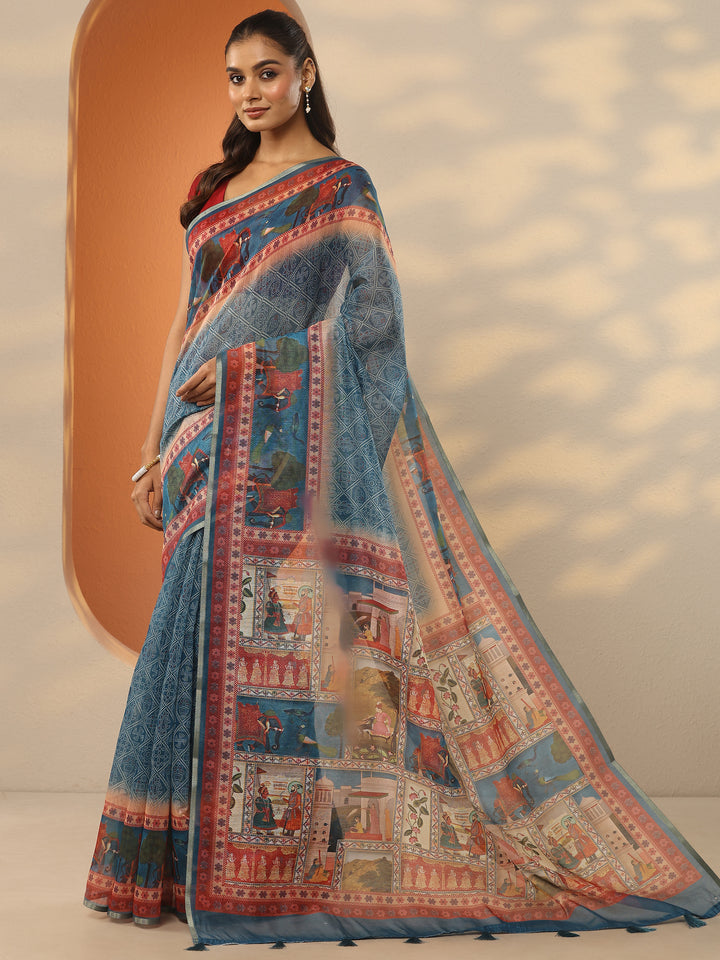 Teal Bandhani Printed Silk Blend Saree With Unstitched Blouse Piece