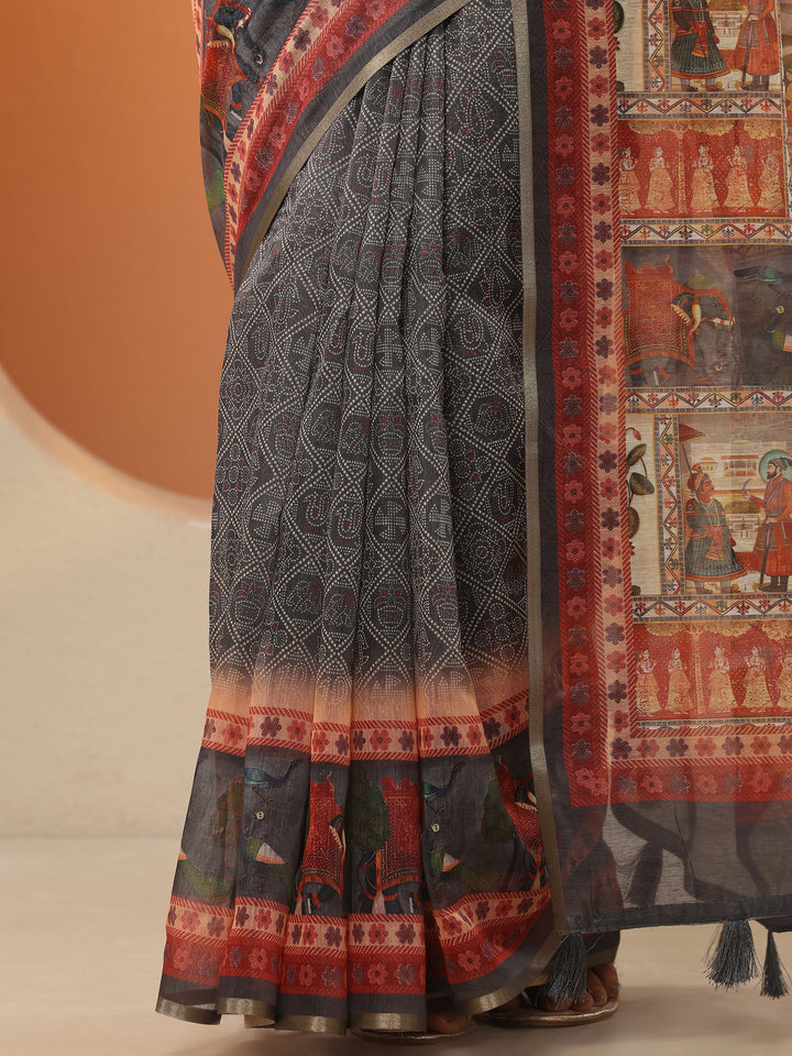 Grey Bandhani Printed Silk Blend Saree With Unstitched Blouse Piece