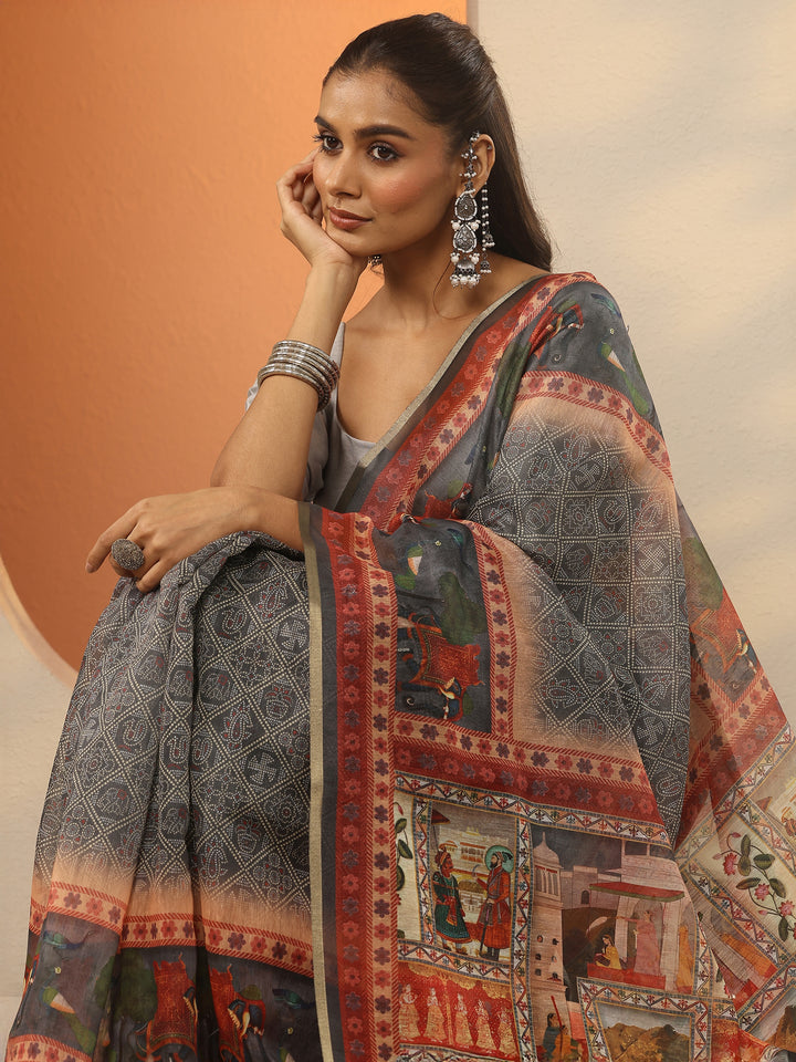 Grey Bandhani Printed Silk Blend Saree With Unstitched Blouse Piece