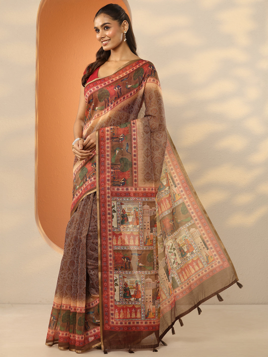 Brown Bandhani Printed Silk Blend Saree With Unstitched Blouse Piece