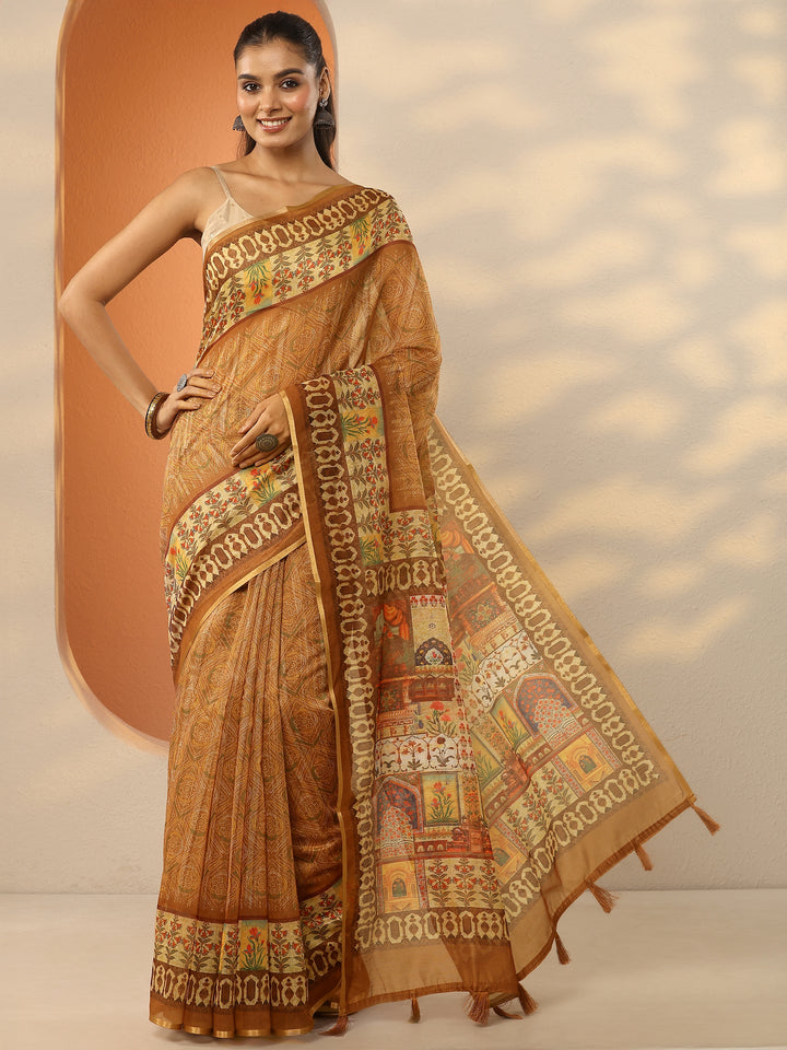 Brown Printed Silk Blend Saree With Unstitched Blouse Piece