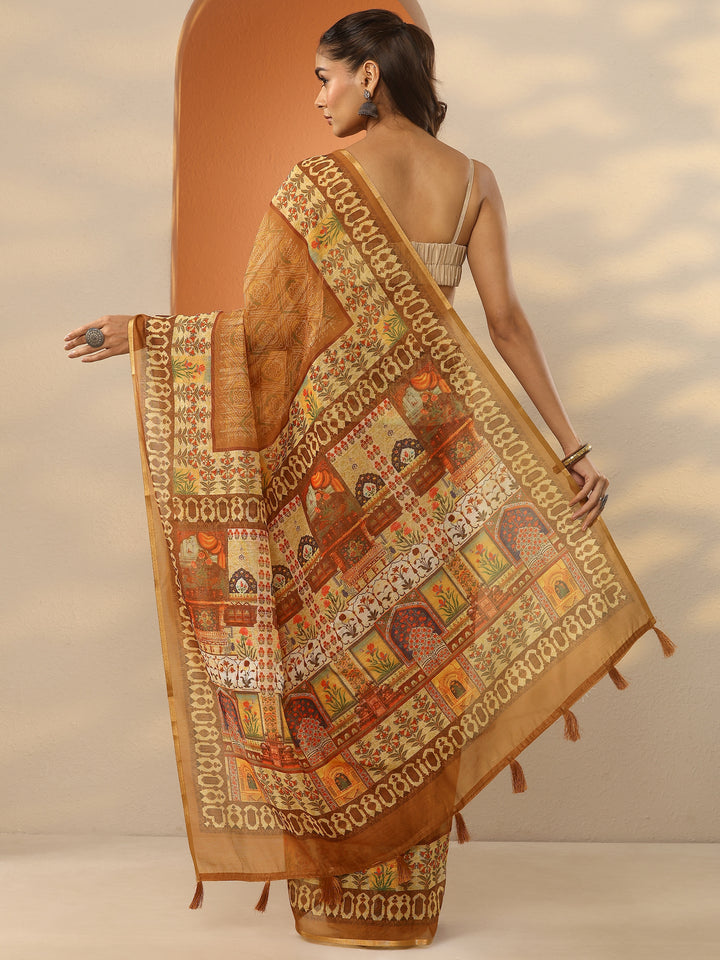 Brown Printed Silk Blend Saree With Unstitched Blouse Piece