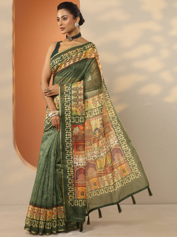 Green Printed Silk Blend Saree With Unstitched Blouse Piece