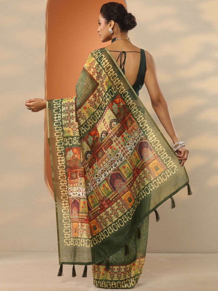 Green Printed Silk Blend Saree With Unstitched Blouse Piece