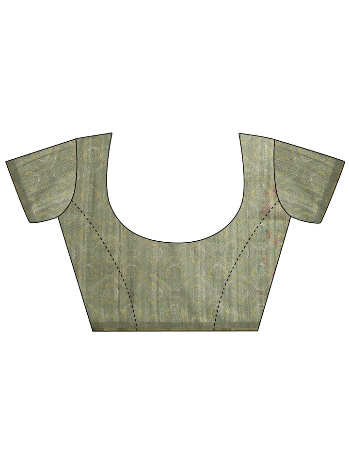 Green Printed Silk Blend Saree With Unstitched Blouse Piece