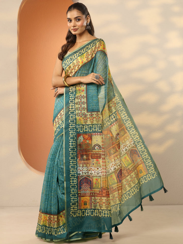 Green Printed Silk Blend Saree With Unstitched Blouse Piece