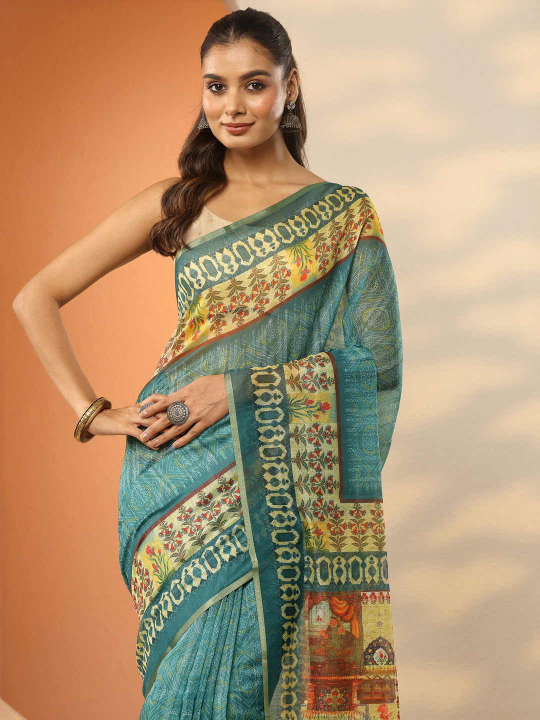 Green Printed Silk Blend Saree With Unstitched Blouse Piece