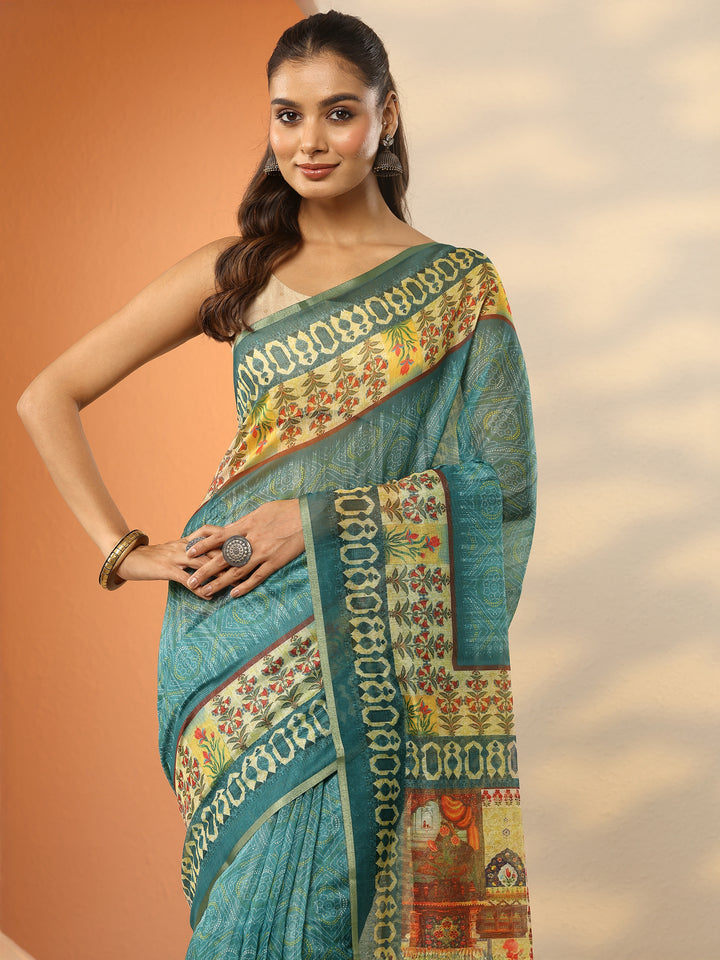 Green Printed Silk Blend Saree With Unstitched Blouse Piece