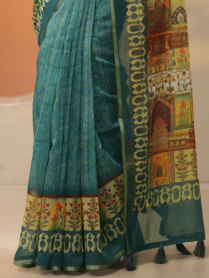 Green Printed Silk Blend Saree With Unstitched Blouse Piece