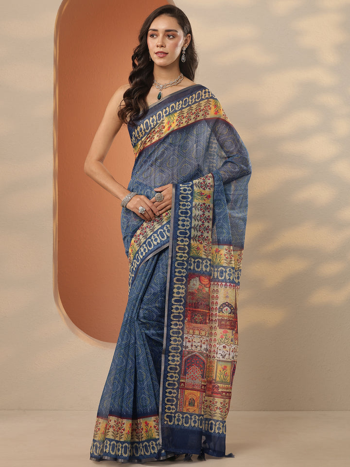 Blue Printed Silk Blend Saree With Unstitched Blouse Piece