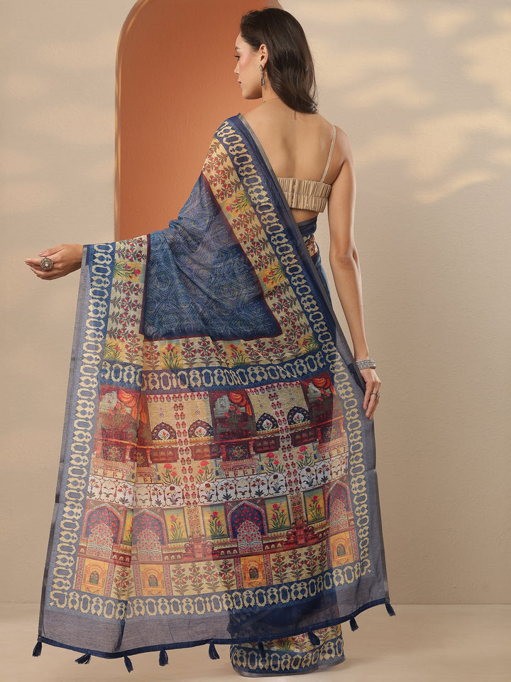 Blue Printed Silk Blend Saree With Unstitched Blouse Piece
