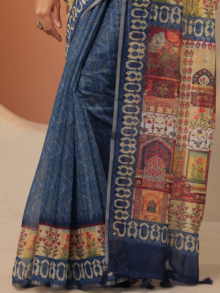 Blue Printed Silk Blend Saree With Unstitched Blouse Piece