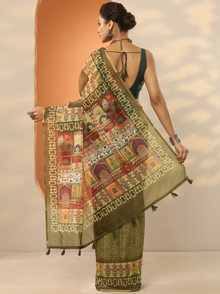 Green Printed Silk Blend Saree With Unstitched Blouse Piece