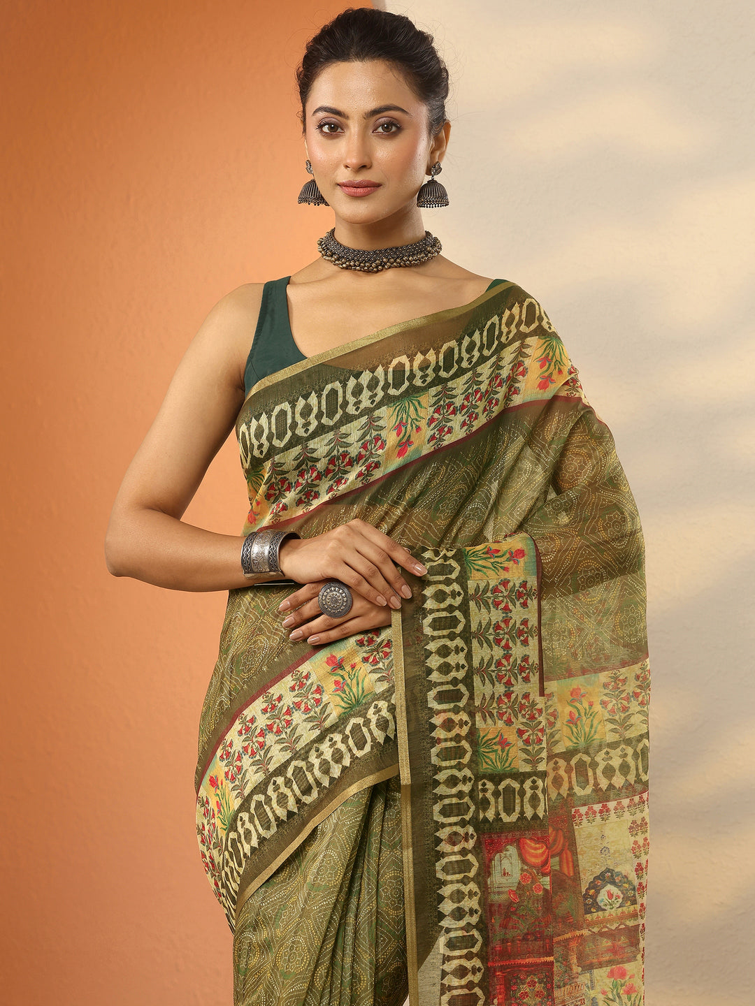 Green Printed Silk Blend Saree With Unstitched Blouse Piece