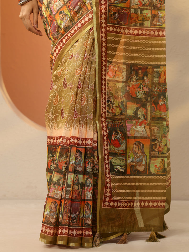 Green Bandhani Printed Silk Blend Saree With Unstitched Blouse Piece