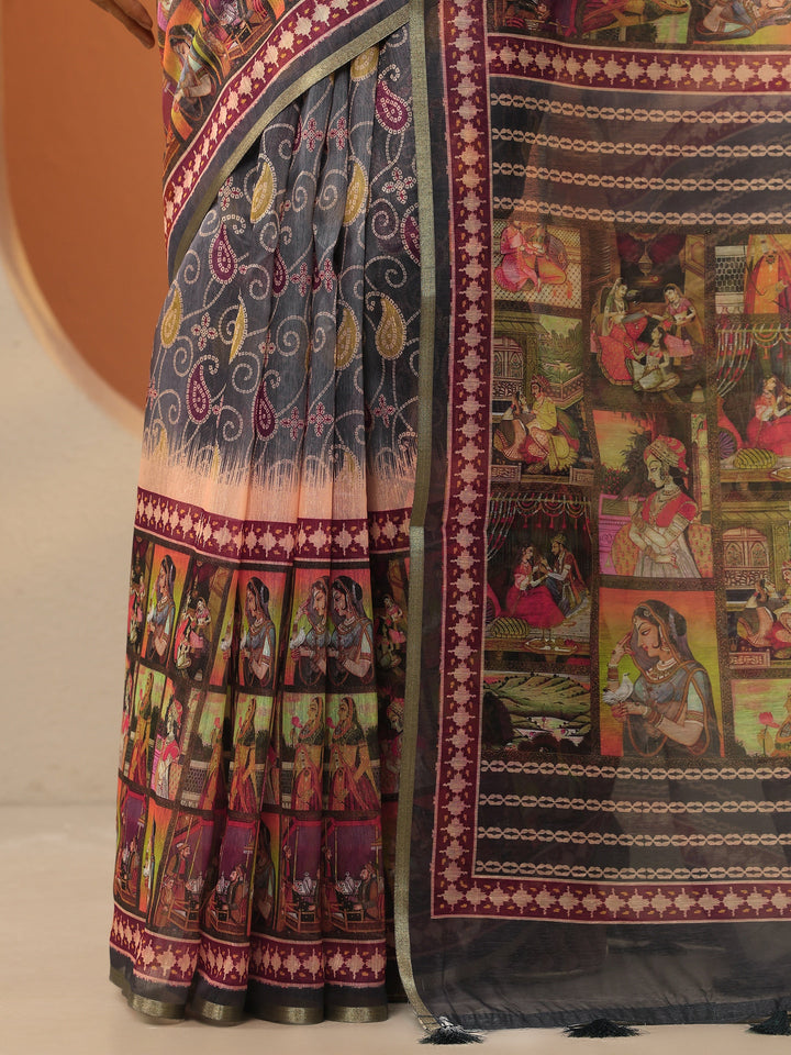 Grey Bandhani Printed Silk Blend Saree With Unstitched Blouse Piece