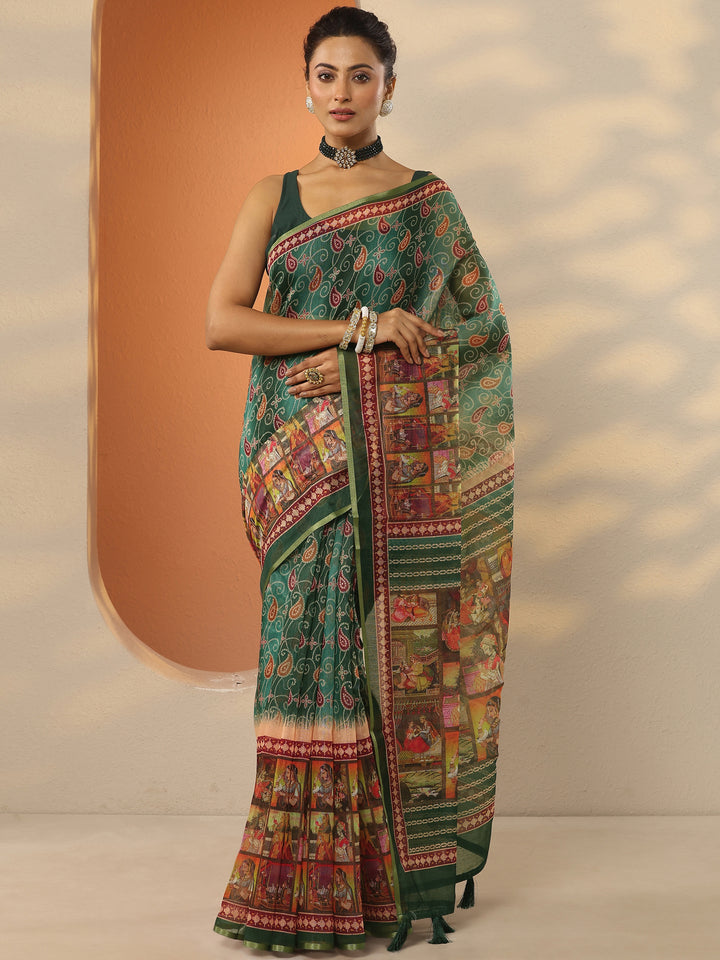 Green Bandhani Printed Silk Blend Saree With Unstitched Blouse Piece