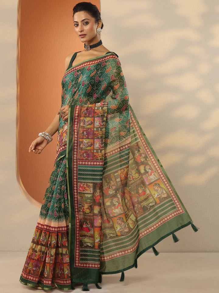 Green Bandhani Printed Silk Blend Saree With Unstitched Blouse Piece