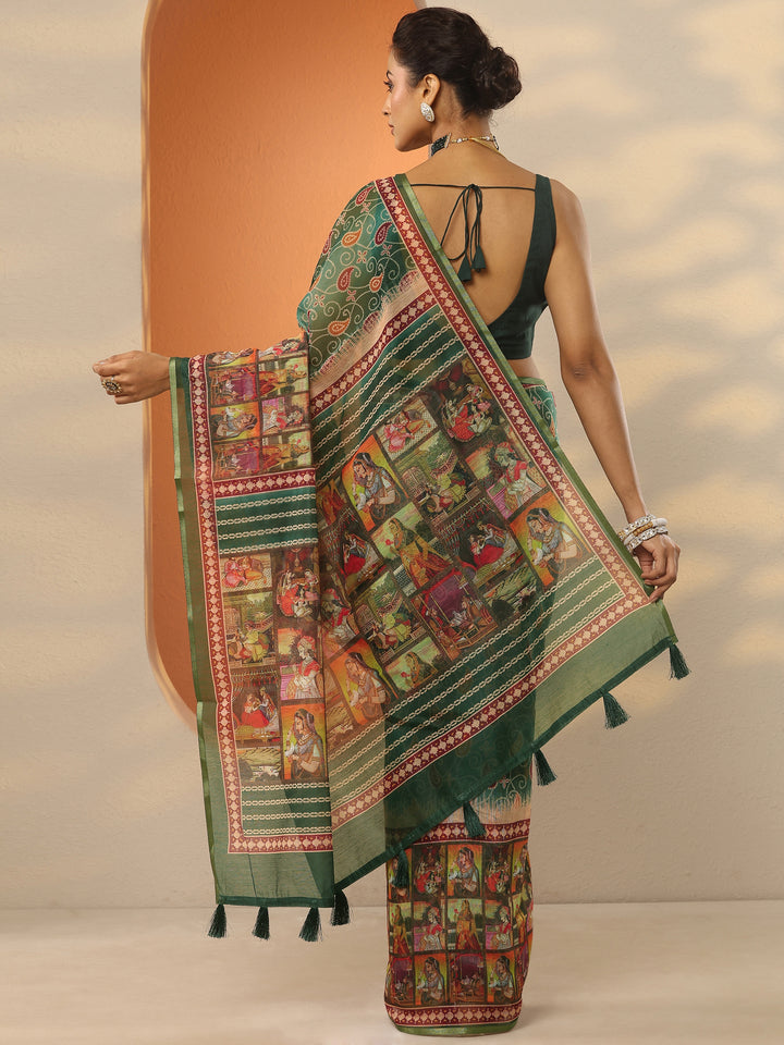 Green Bandhani Printed Silk Blend Saree With Unstitched Blouse Piece