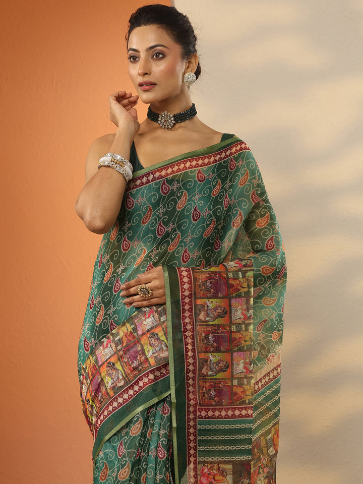 Green Bandhani Printed Silk Blend Saree With Unstitched Blouse Piece