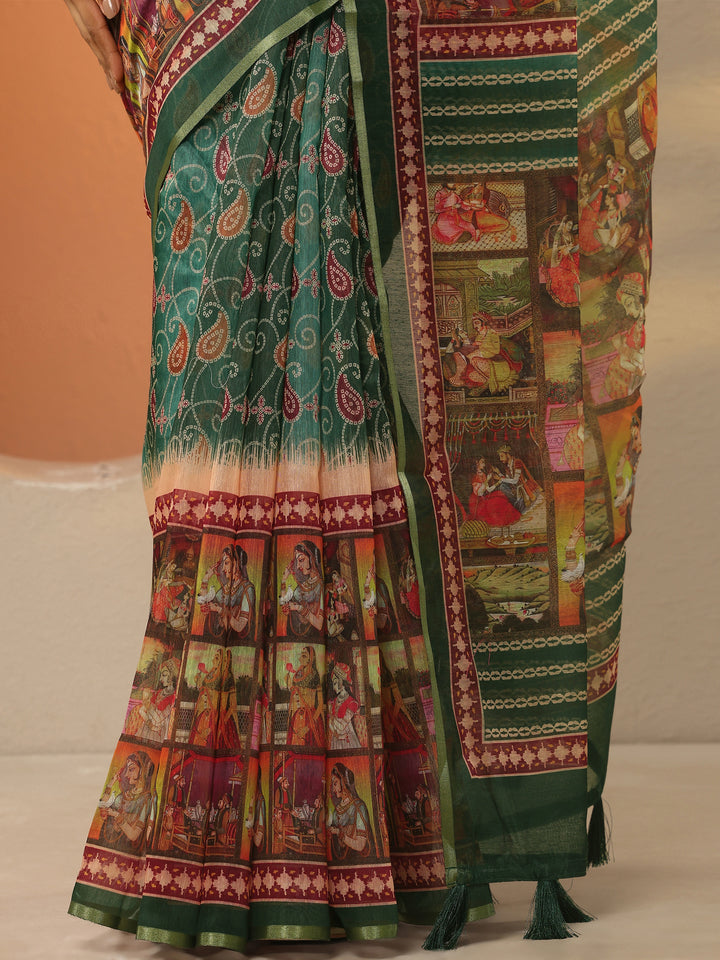 Green Bandhani Printed Silk Blend Saree With Unstitched Blouse Piece