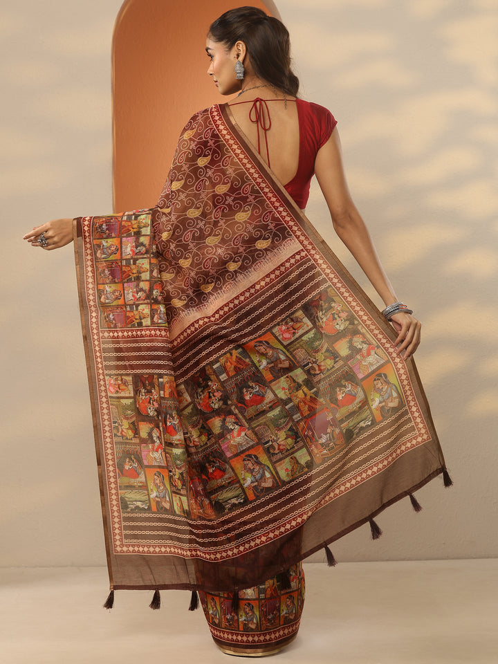 Brown Bandhani Printed Silk Blend Saree With Unstitched Blouse Piece