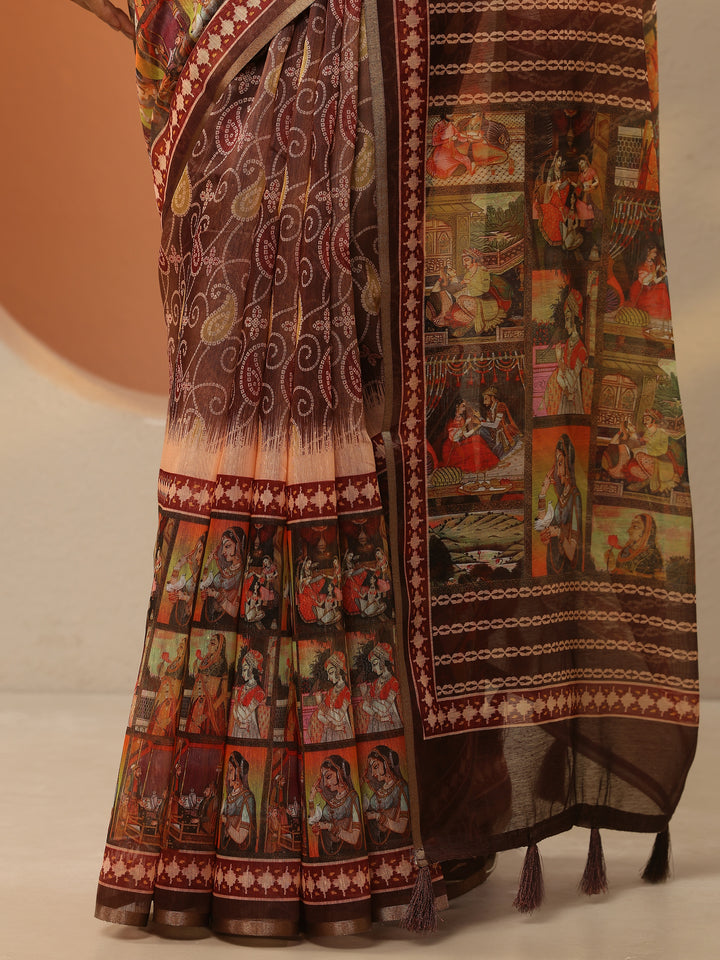 Brown Bandhani Printed Silk Blend Saree With Unstitched Blouse Piece