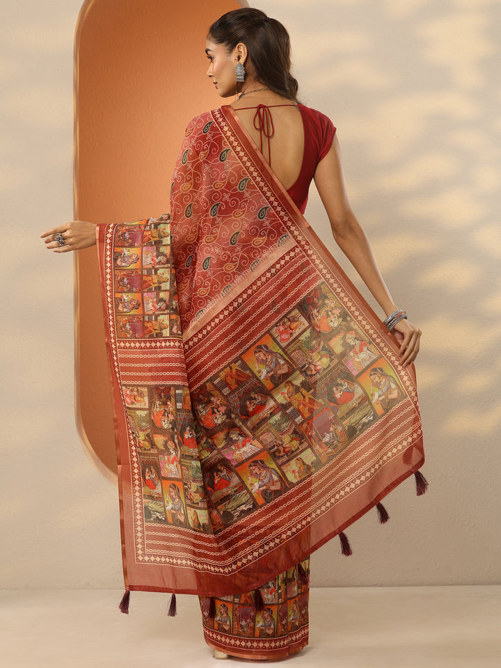 Rust Bandhani Printed Silk Blend Saree With Unstitched Blouse Piece