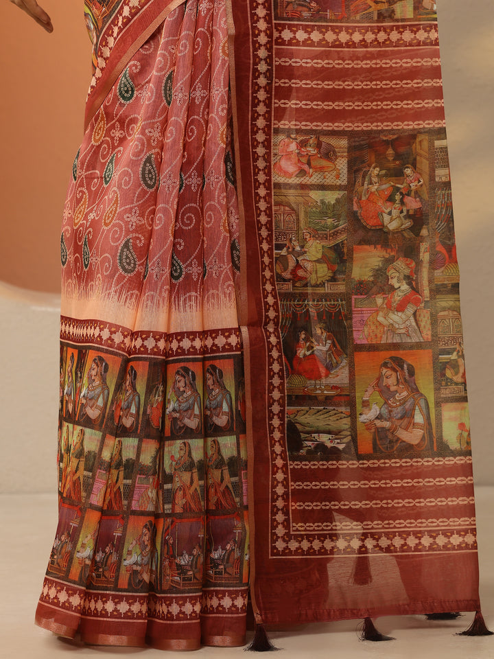 Rust Bandhani Printed Silk Blend Saree With Unstitched Blouse Piece