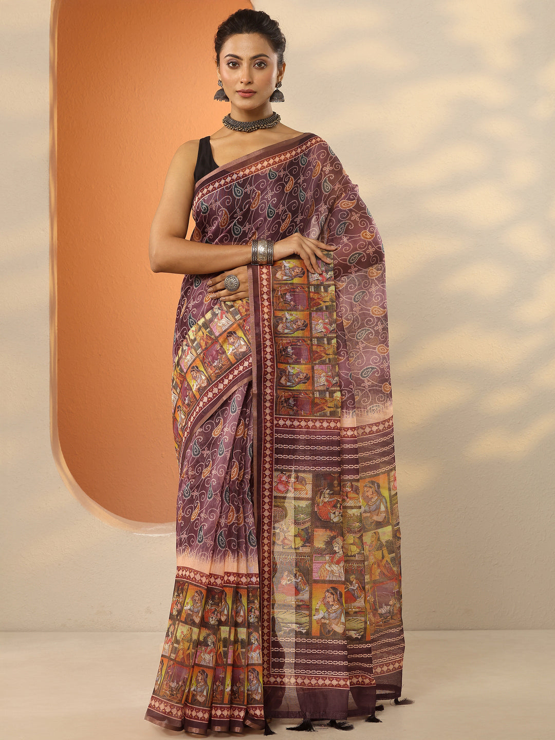 Mauve Bandhani Printed Silk Blend Saree With Unstitched Blouse Piece