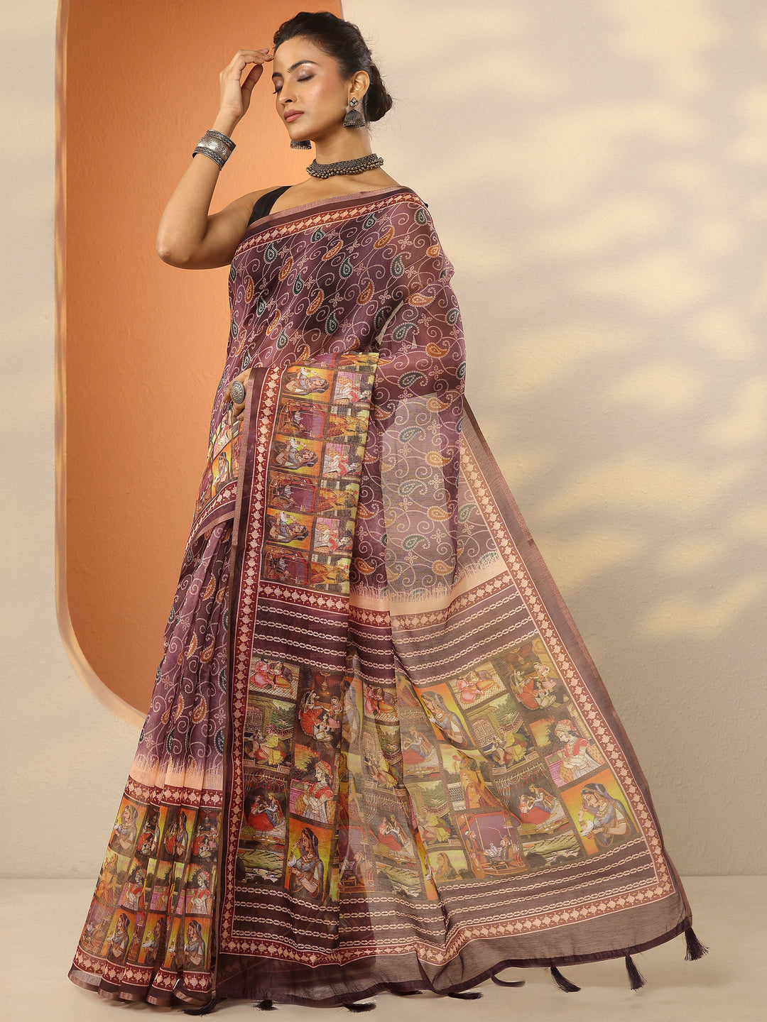 Mauve Bandhani Printed Silk Blend Saree With Unstitched Blouse Piece