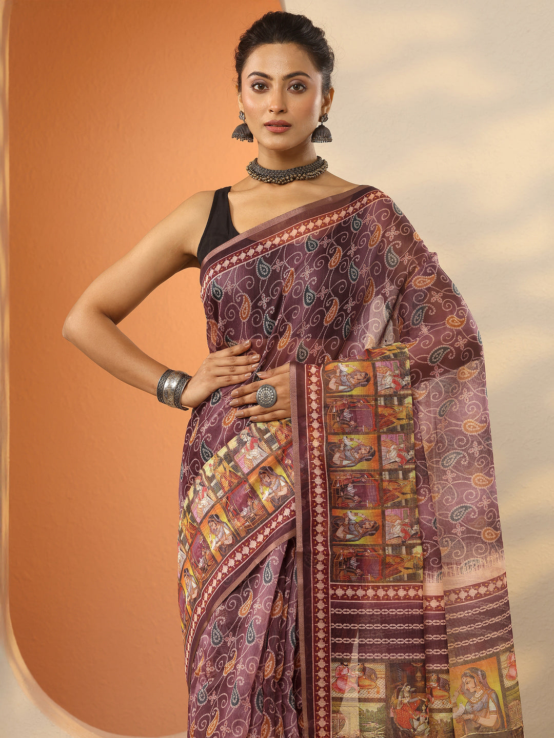 Mauve Bandhani Printed Silk Blend Saree With Unstitched Blouse Piece