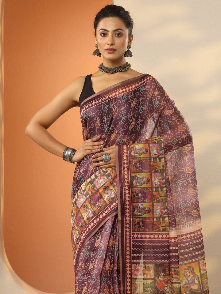 Mauve Bandhani Printed Silk Blend Saree With Unstitched Blouse Piece