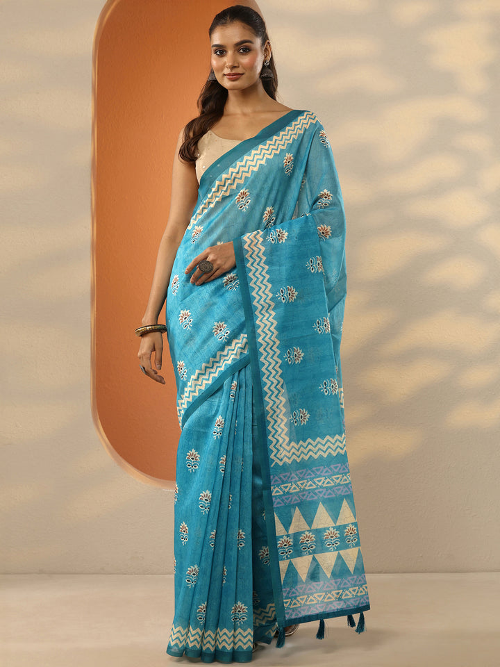 Blue Printed Silk Blend Saree With Unstitched Blouse Piece